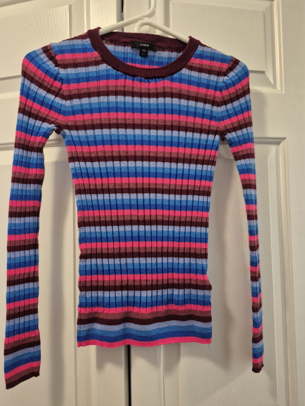 J. Crew Ribbed Long-Sleeve Stripe Top in Pink, Blue & Burgundy XS